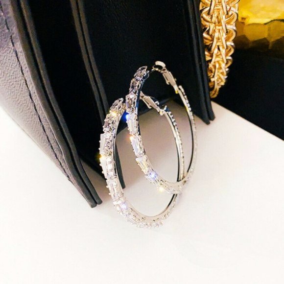 New 925 Silver Round Diamond Hoop Earrings - Picture 3 of 6